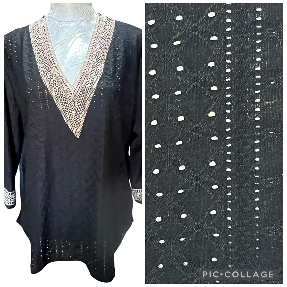 LIOFOER Sz L Black Tunic Top 3/4 Sleeve Eyelet V-Neck Boho Lace Lightweight
